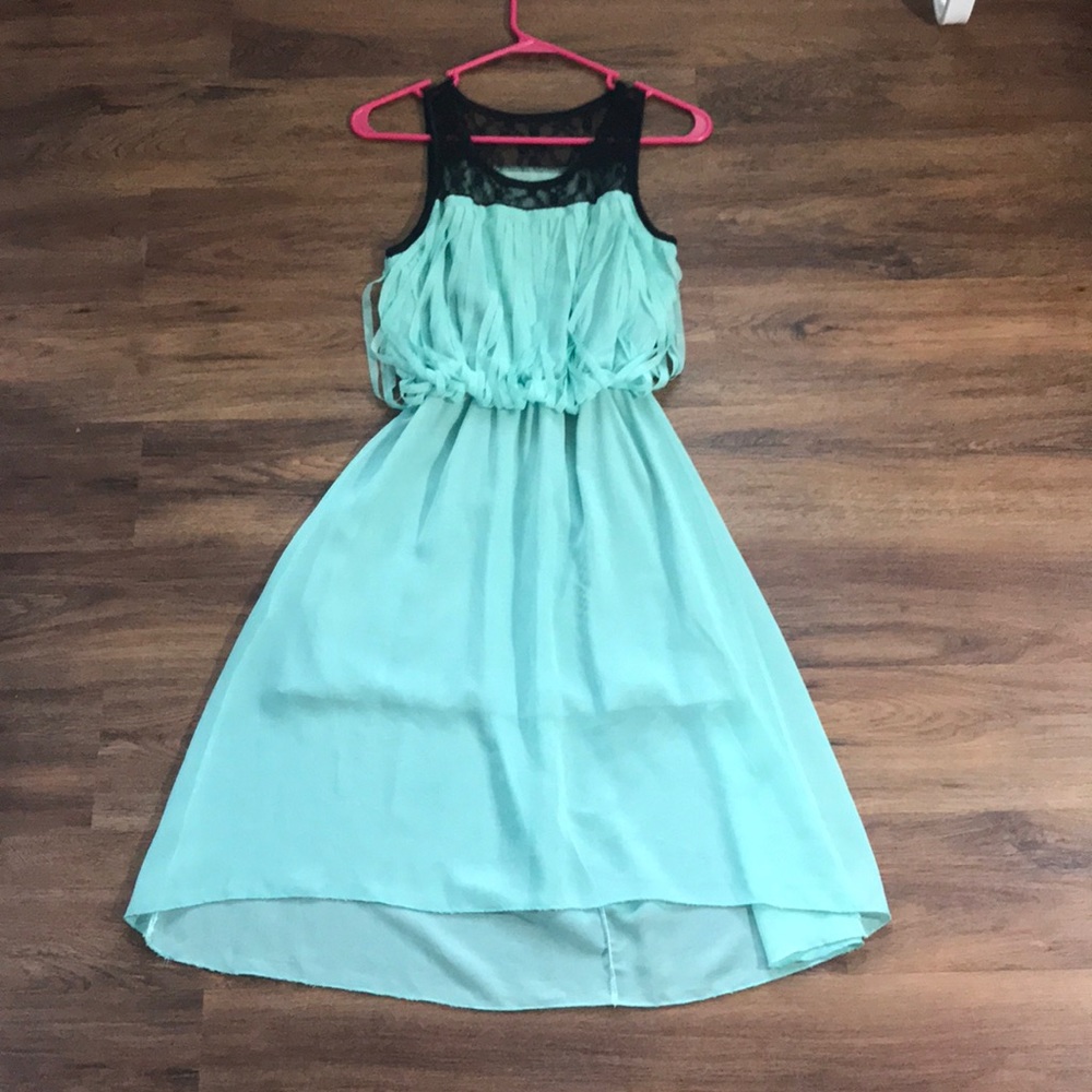 mint green dress with black lace